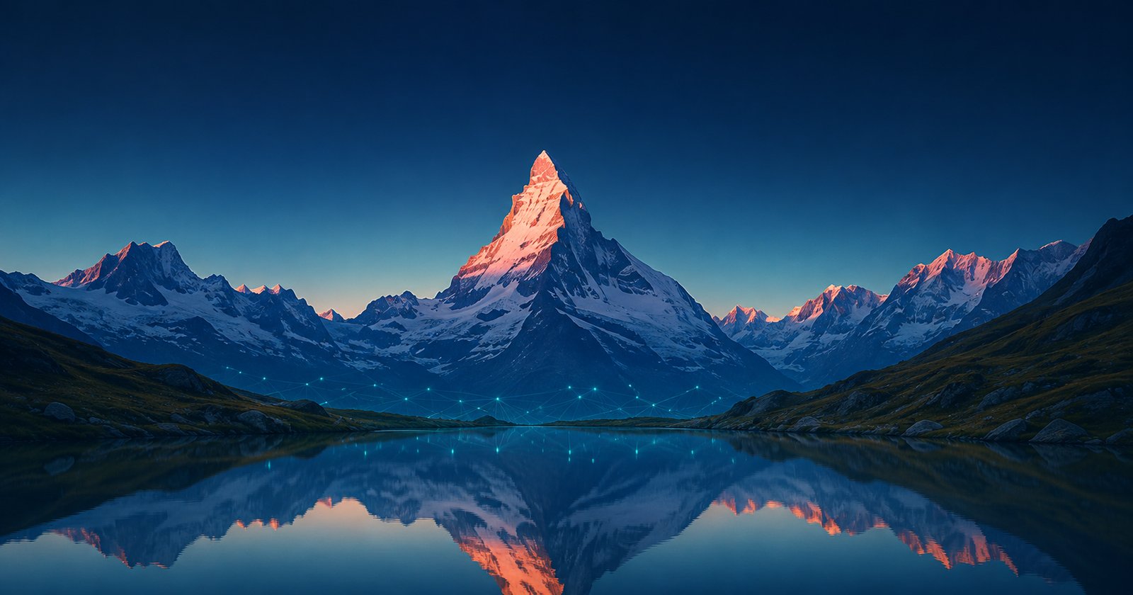 An alpine peak glowing at dawn, mirrored in a mountain lake, with a faint network of glowing dots above the water