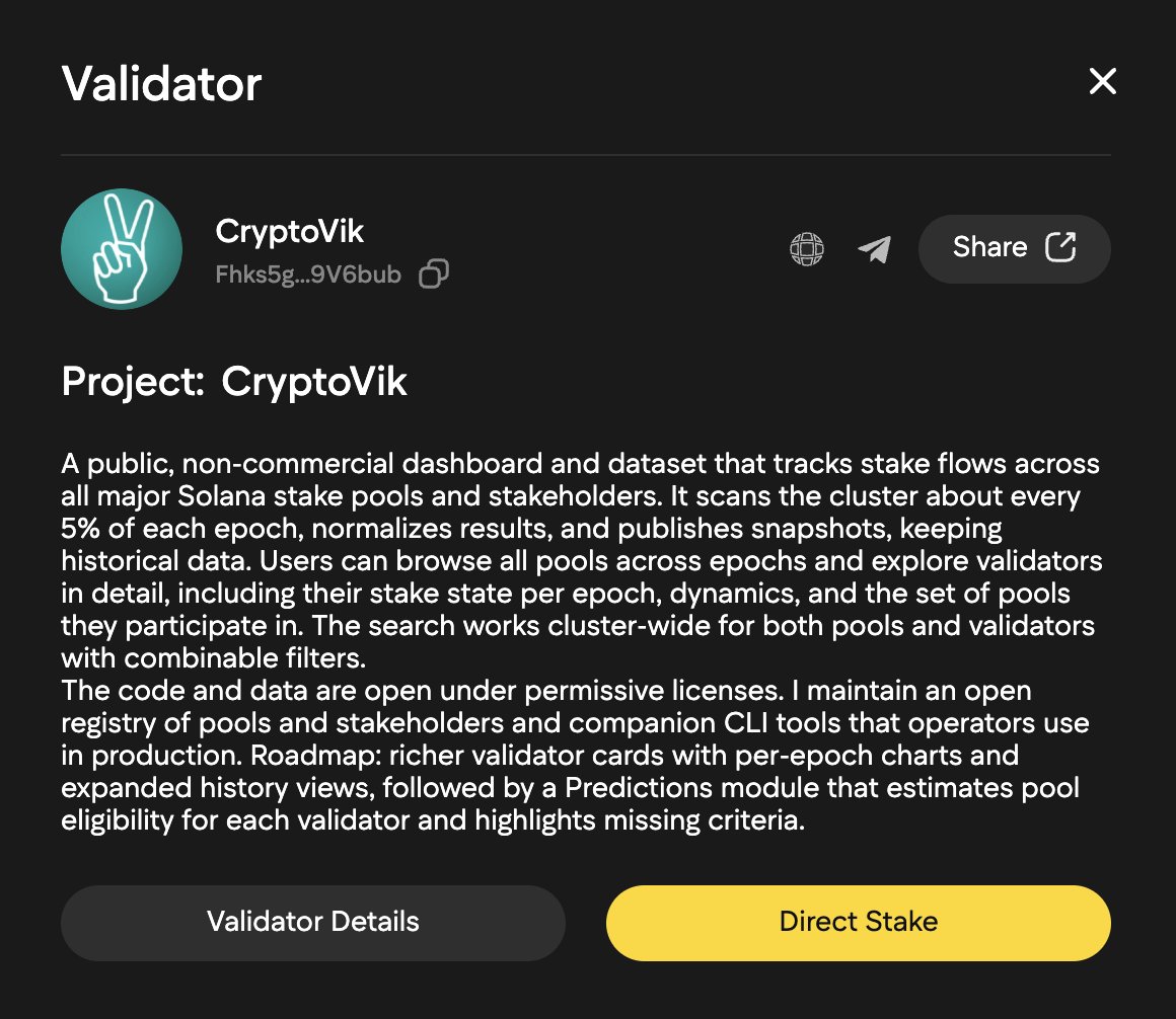 CryptoVik project card in the JPool Community Good listing with a Direct Stake button