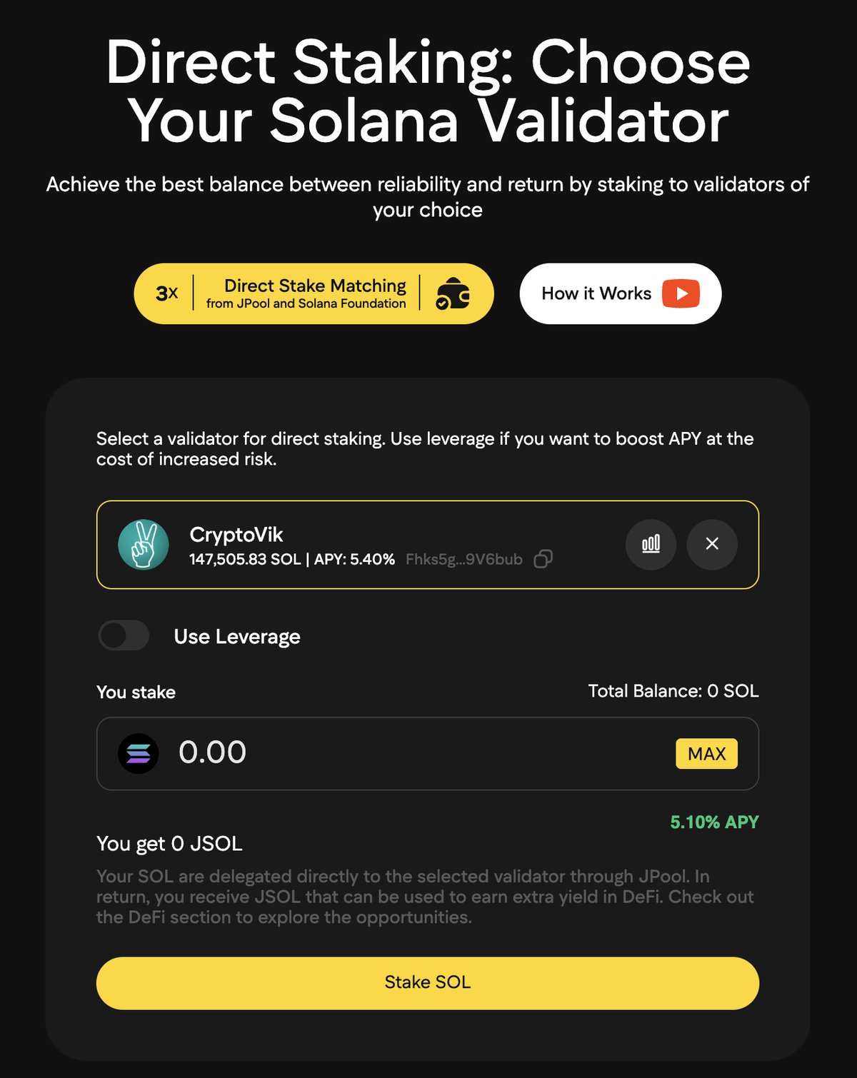 JPool direct staking interface with the CryptoVik validator selected and JSOL output shown