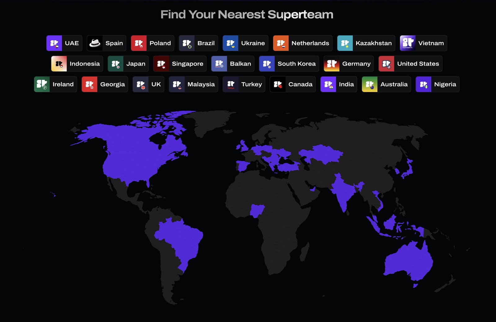 Map of Superteam hubs around the world on superteam.fun, with Ukraine among them