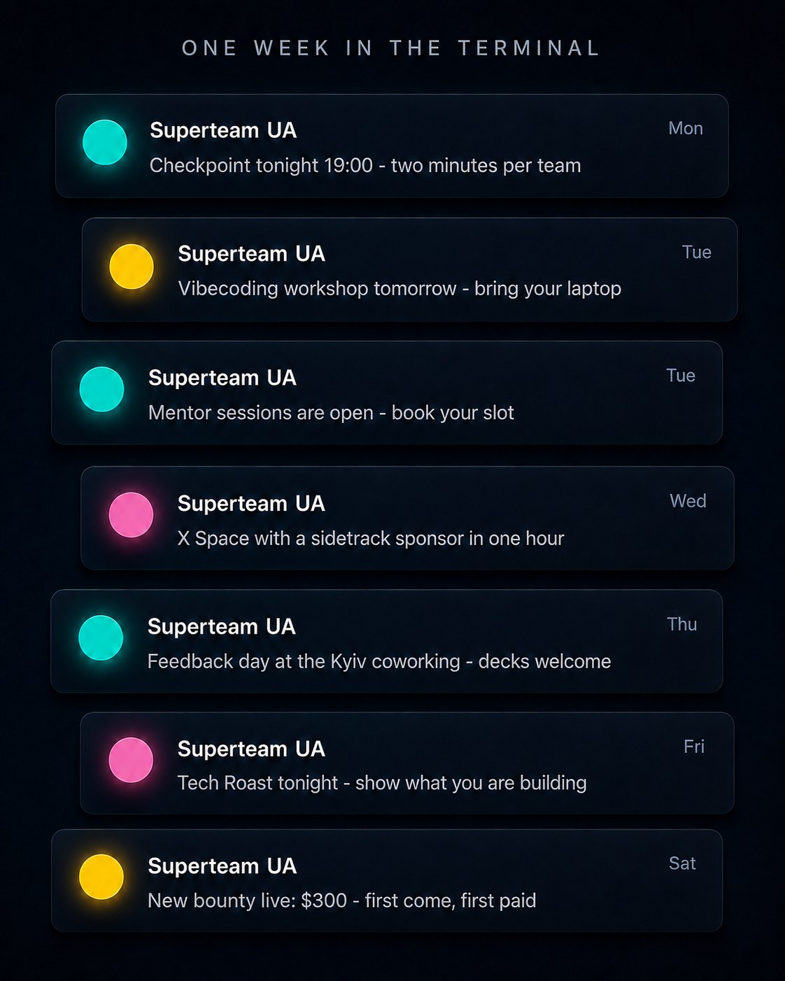 One week in the Terminal as a stack of Superteam UA notifications: a checkpoint, a vibecoding workshop, mentor sessions, an X Space, a feedback day, a tech roast and a new bounty